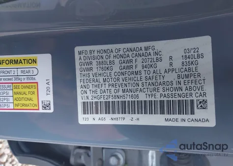 2022 Honda Civic Sport z USA, uszkodzony, nr VIN 2HGFE2F58NH571606